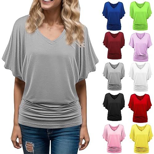 Image of Tops for Ladies UK Womens Summer Top Plus Size 2022 Soft V Neck Bat Sleeve Tunic Blouse Casual Solid Short Sleeve Tops Bat Wing Shirts for Ladies Purple Red White Yellow