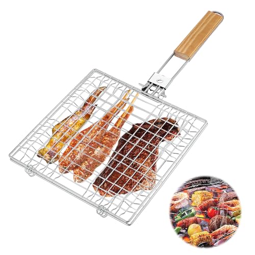 badaren BBQ Grillkorb, Grillkorb Fischbräter Set, Edelstahl Grillgitter, Grillrost Edelstahl – Praktisches Faltbarer BBQ Grillkorb zum Grillen von Fisch, Grillfleisch, Gemüse und Garnelen (BBQ-A)