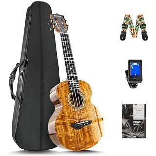 Caramel CAG28 Glossy Curly Acacia 23″ Concert Ukulele for Beginner | Handmade Ukelele Starter Kit - Les Beatles, Paul McCartney, John Lennon, RIngo Starr, George Harrison
