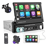 Podofo 1 Din Autoradio mit Apple Carplay, 7-Zoll Autoradio mit Einziehbarem Bildschirm und Bluetooth/Android Auto/UKW-Radio/SWC/Spiegel-Link/USB + AHD Rückfahrkamera