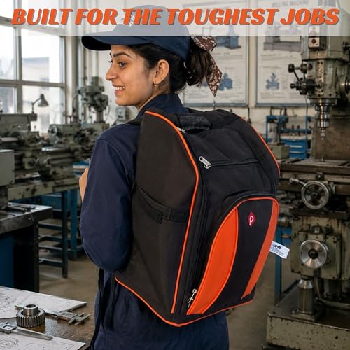 Image of PAHAL Professional Tool Backpack Heavy Duty, Large Capacity Multi-Pocket Backpack for Electrician, Technician, Carpenter, Plumber & Service Engineer, Water Resistant Nylon Tool Organizer, Black /Orange