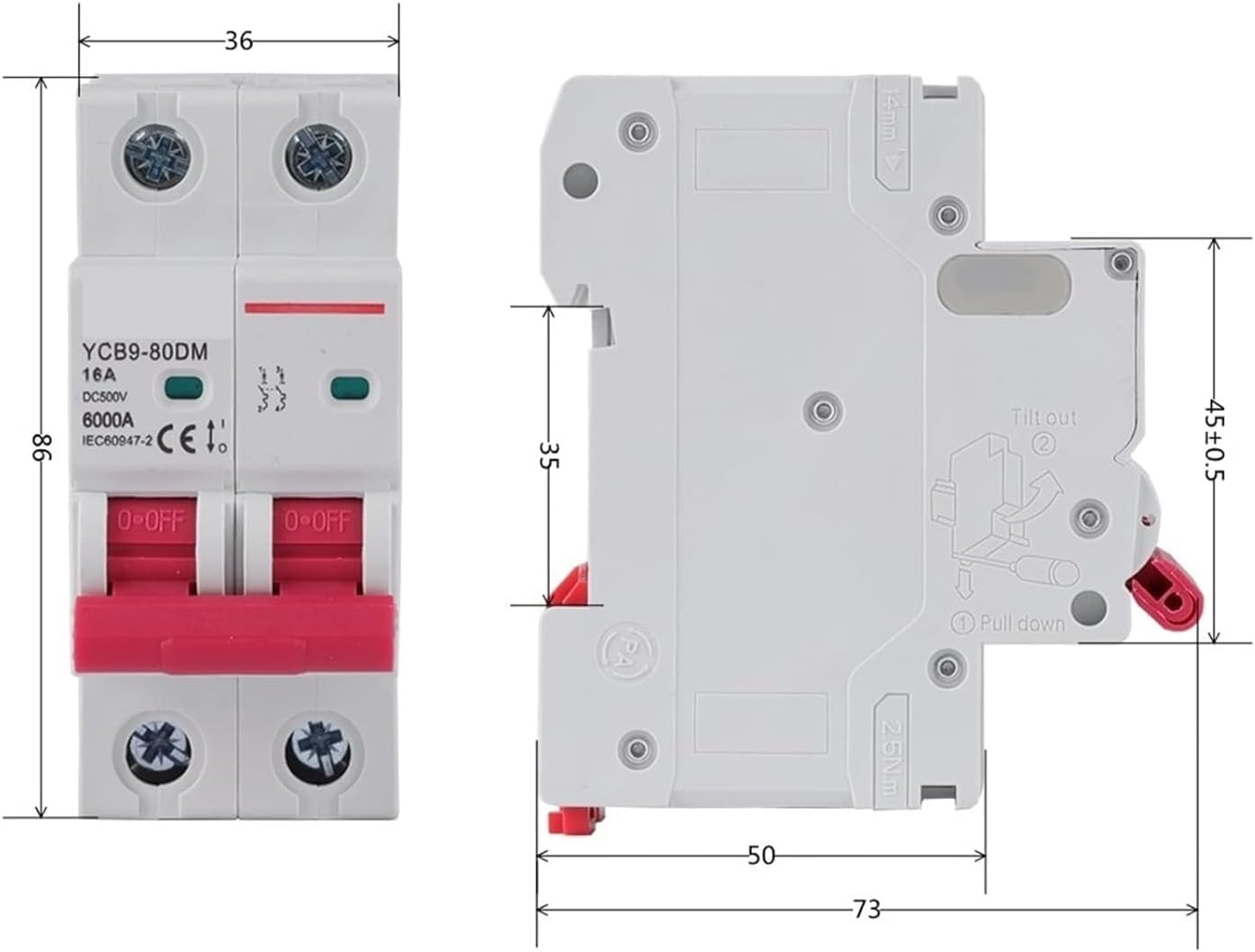 Circuit breakerYCB9-80DM 2P 6000A 500V DC MCB Circuit Breaker 16A 20A 25A 32A 40A 50A DC 1Pcs (Size : 2P, Color : 6A) (Color : 32A, Size : 2P)