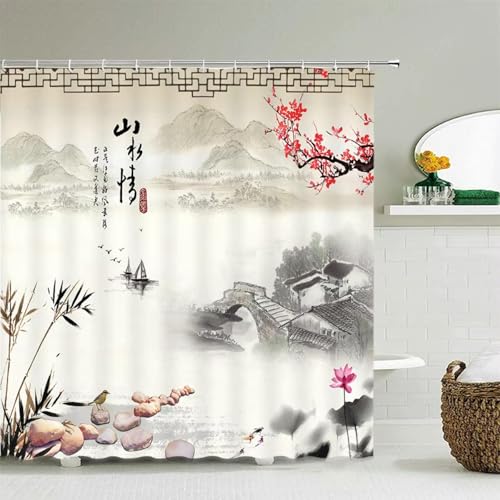 Rideau de douche imperméable paysage chinois 175x213 cm polyester - 2