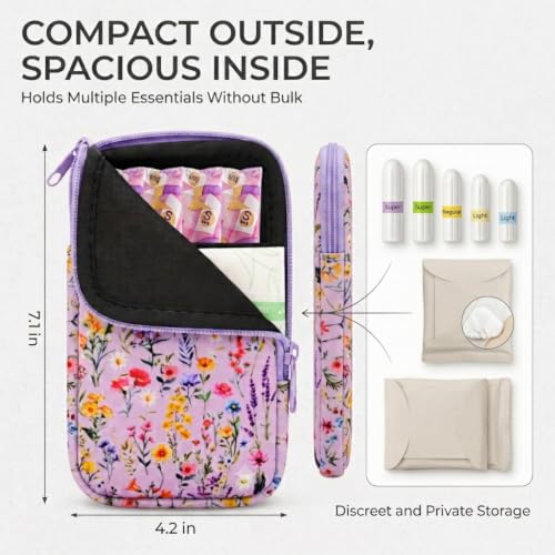 Image of KJQJLY 2 Pack Portable Tampon Organizer Bag Tampon Holder & Storage Case with Zipper for Travel, Discreet Period Bag for Purse, Waterproof Feminine Products Pouch for Women (Wildflower Lavender)