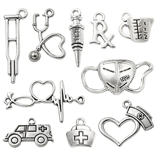 UR URLIFEHALL 100 Pcs 10 Styles Medical Supplies Charms Antique Silver Stethoscope Ambulance Nurse Cap Heart Charms for DIY Jewellery Making