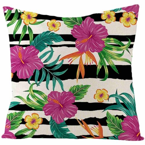 Isdreem Tissu en Lin Housse Coussins pour canapé taie d'oreiller Satin Soie Motif de Rayures Feuilles Fleurs Decorative Vert Fuschia 40x40cm