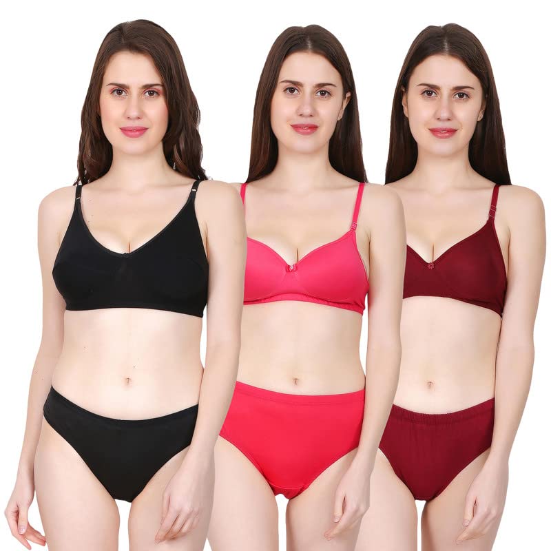 Image of WomenSolid Printed Non-Padded Non-Wired Bra Panty Lingerie Set of 3 S to 3XL