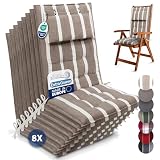 Beautissu Set 8 Premium Cojin Silla Jardín con Respaldo Alto y Almohadilla 120x50cm Sun-HL – Resistencia UV 8cm Grosor Acolchado Cojín Exterior con Respaldo Antideslizante – Rayas Beige Blanco