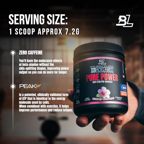 Image of Blacklabel Pure Power NSF Certified for Sport Pre-Workout Hibiscus Lemonade | Caffeine Free Non Stim Pre Workout with Creatine Monohydrate & Peak ATP for Energy & Endurance, 30 Servings