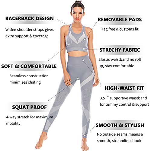 Cordaw Women’s Workout Set Outfits 2 Piece Seamless Sports Bra And Legging High Waited Yoga Outfits Tracksuit Racerback Crop Top Gym Pants Activewear, Grey Large #TOP4