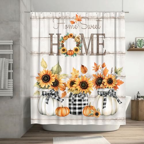 Tijuboni Fall Sunflower Pumpkin Shower Curtain, Farmhouse Home Sweet Home Bathroom Decor, Rustic Maple Leaf Waterproof Fabric Curtain for Harvest Thanksgiving Gifts 72x72 Inch by Tijuboni - Used condition - US$12.36