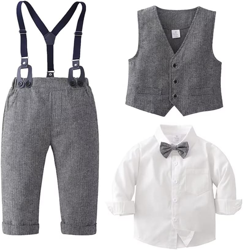Puremlik Boys' 4-Piece Gentleman Outfits Set with Dress Shirt Bow Tie Vest and Pants for Toddler - Image 2
