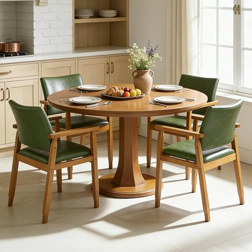 Image of NOBPEINT Mid-Century Modern Dining Chairs with Armrest Set of 4, PU Leather Upholstered Dining Room Chairs with Solid Wood Frame, Walnut Kitchen Armchairs for Kitchen Living Room Restaurant, Green