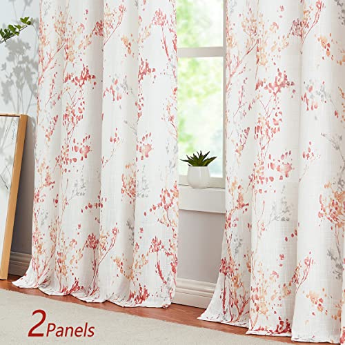 Image of Branch Sheer White Curtains 96inch Long Red Tree Branch Semi Sheer Curtains Panels for Living Room Bedroom Linen Look Multicolor Pattern Textured Window Drapes for Kitchen Grommet Top 2pcs