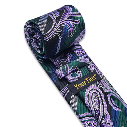 Image of YourTies Silk Paisley Floral Tie and Pocket Square Cufflinks with Lapel Pin Sets for Men 5PC Wedding Party