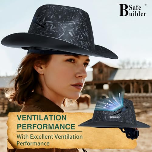 SAFEBUILDER Cowboy Style Hard Hat Class C Safety Helmet Vented Full Brim Hard Hats Work Safety Helmet for Men and Women Outdoor,Industrial,Construction Head Protection- ANSI Approved (HeiMu Black)