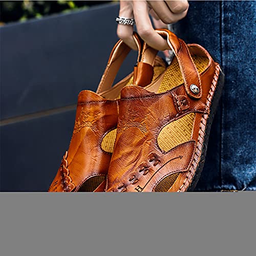 Wygwlg Summer Men's Sandals Breathable Beach Sandals, Genuine Leather Soft Breathable Shoes, Yellow brown-482