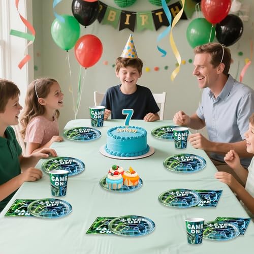 pekifaves Video Game Partygeschirr Set für 16 Gäste, Videospiel Geburtstag Party Teller Servietten Tassen, Einweg Pappteller Kindergeburtstag Set für Junge Geburtstagsdeko