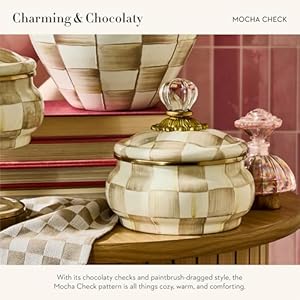 Mackenziechildsenamelsquashedpotcuteenameledcontainerwithlid20ouncesbrownandwhitemochacheck Urban Country Home Decor Mackenzie childs enamel squashed pot cute enameled container with lid 20 ounces brown and white mocha check urban country home decor