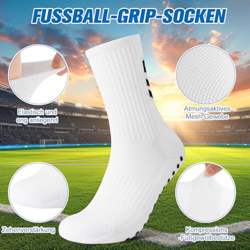 Utensilsto Lot de 3 paires de chaussettes de football, antidérapantes, avec points en caoutchouc, pour homme et femme, motif de football, course à pied, randonnée, football, Blanc., 43-46 – vue 4