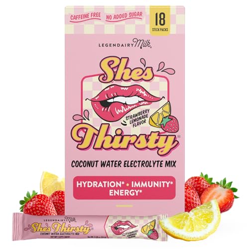 Image of Legendairy Milk She’s Thirsty – Strawberry Lemonade, Hydration Packets | Cortisol Supplement for Stress Relief & Adrenal Support | Coconut Water Electrolytes Powder, No Sugar Added 18 ct
