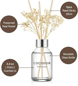 COCODOR Flower Reed Diffuser set / 100ml / White Musk/Scent Diffuser with Sticks Home Fragrance Reed Diffuser for Bathroom Shelf Decor