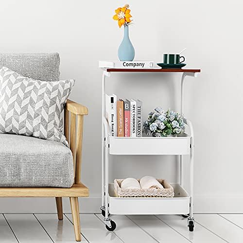 UOMIO 3-Tier Kitchen Rolling Table Cart with Wooden Board Couch Side Table with Wheels Small Black End Table with Storage Shelf for Office Kitchen Bathroom Living Room Small Space - White