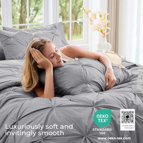 Image of Sasttie King Size Comforter Set, 7-Piece Bed in a Bag, Pintuck Bedding Sets for All Season, Includes Comforter, Flat Sheet, Fitted Sheet, Pillowcases and Pillowshams, Light Grey