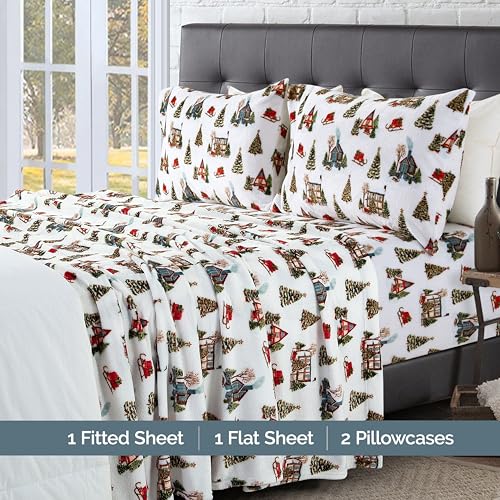 Elegant Comfort Luxuriously Soft 4-Piece Holiday Velvet Plush Flannel Sheet Set - Premium Quality - Cozy Warm, Christmas Fuzzy Velvet Flannel Fleece Deep Pocket Sheet Set - Cal King, Bungalow