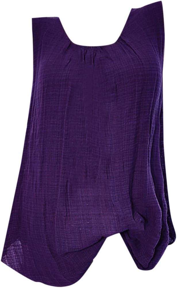 Linen Tank Tops for Women Summer Vacation Tunic Ladies Loose Sleeveless Blouse Lightweight Round Neck Shirts