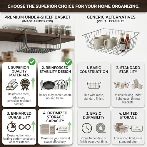 Image of Styleys Black Under Cabinet Storage Basket - Set of 3 Metal Wire Organizers with Dual Fit Hooks (15.5 inch) S11027