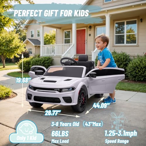 Electric Car for Kids,Licensed Dodge Charger SRT Hellcat Ride on Car,3.1mph Max Speed,12V 7A Kids Electric Vehicle with Remote Control,Music,LED Light,Bluetooth (White)