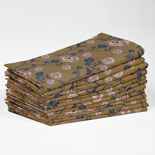 Vargottam Designer Cotton Canvas Napkins - Set of 12, 20-Inch, Refreshing Brown Hue Whimsical Floral Vines Print, Durable & Absorbent Cloth Napkins for Dining, Parties, and Home Decor