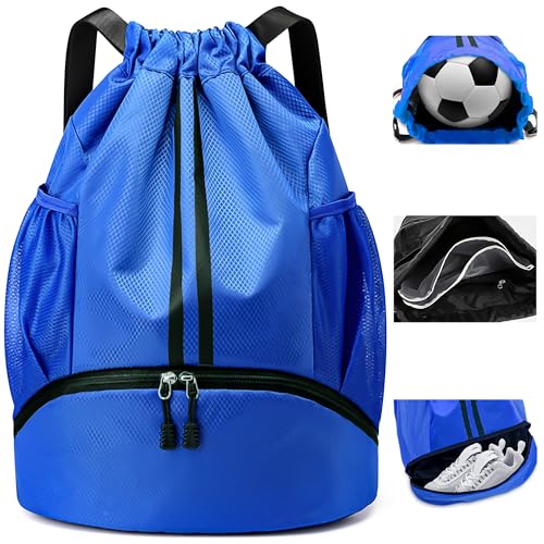 Hoseay Turnbeutel Kordelzug Sportbeutel mit Schuhfach und Nassfach Herren Groß Sportrucksack Wasserdicht Fußball Tasche Leicht Verstellbar Sport Rucksack für Sport Reisen Schwimmen Fitness, Blau