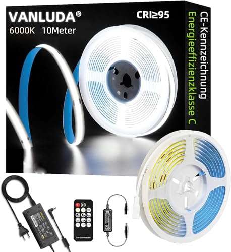 VANLUDA Tira LED COB 10M, Tira luz LED Regulable con Mando y Alimentación, DC24V, CRI90+, Ancho 8 mm, 6000K Tira LED Blanca Cálida para Decoración de Habitaciones