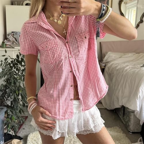 Image of Y2k Girls Vintage Coquette Button Down Shirt Women Short Sleeve V-Neck Slim Fitted T-Shirt Cute Blouse Crop Top