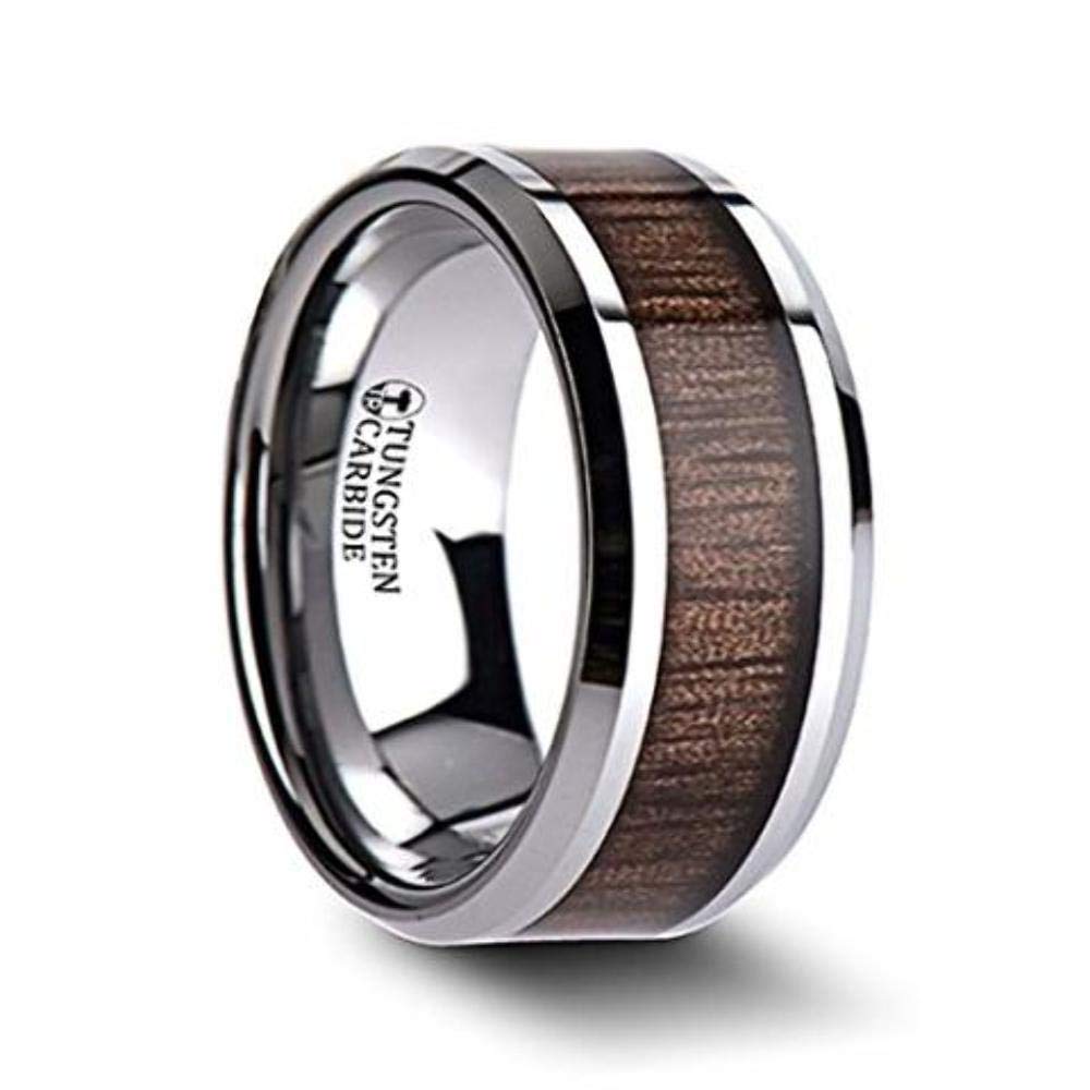 ThorstenHALIFAX Beveled Tungsten Ring with Black Walnut Wood Inlay Tungsten Carbide Ring 10mm Wide Wedding Band with Custom Inside Engraved Personalized