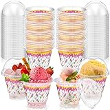 Sumind 50 Pcs 9 oz Ice Cream Cups with Lids Disposable Dome Lid Cup Ice Cream Birthday Dessert Bowl Plastic Cup with Lid for Baby Shower Pudding Sundae Yogurt Soup Snack