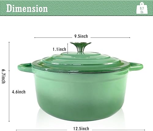 Miniatura 13 de Cacerola de hierro fundido COOKWIN, 3.8 QT, Sartén de hierro fundido con tapa y asas dobles, olla de superficie esmaltada de porcelana, Verde azulado