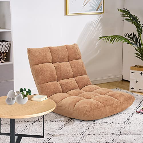 Image of COSTWAY Floor Chair, Video Gaming Chairs with Back Support, Adjustable 14-Position, Alloy Steel Frame, Soft Coral Fleece, Lazy Sofa Lounge for Reading Living Room Recliner for Adults Kids, Beige