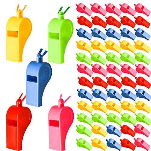 Lezevn 120 Pieces Neon Whistles with Lanyards Plastic Multicolor Whistles Sports and Party Bag Fillers (120)