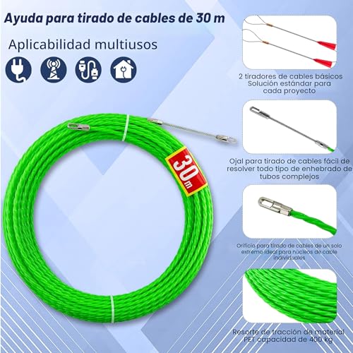 Miniatura 5 de Guia Pasacables 30 M, 4,5 Mm De Diámetro, Guía Pasacables, Guia Pasacables Trenzada, Con 2 Muelles Guía, Muelle De Tracción, Ayuda Para Tirar Cables