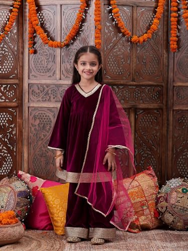 Pspeaches Girl's Silk Blend Kurta Set (Ks-Winevelvet-6_Wine