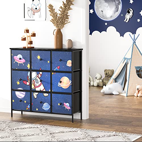Yilqqper Dresser For Kids Bedroom, 9 Drawers Of Skin-Friendly Fabric, Sturdy Steel Frame, Tall Chest Of Drawers With Wood Top For Closet And Nursery, Space Blue #TOP1
