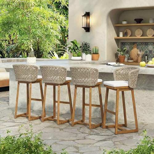 Juego de 4 taburetes de bar para exteriores Christopher Knight Home, con estructura de madera de acacia acabado teca, respaldo de mimbre color marrón claro y cojín beige, altura barra, para isla de cocina o patio miniatura 1