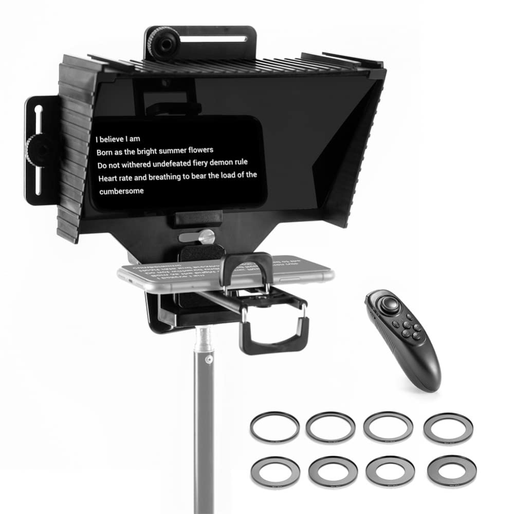 SKYXIU Mini Portable Adjustable Teleprompter for Smartphone,Tablet Smartphone,Cameras,with Remote Control & Lens Adapter Rings for Online Teaching/Vlogging/Live Streaming