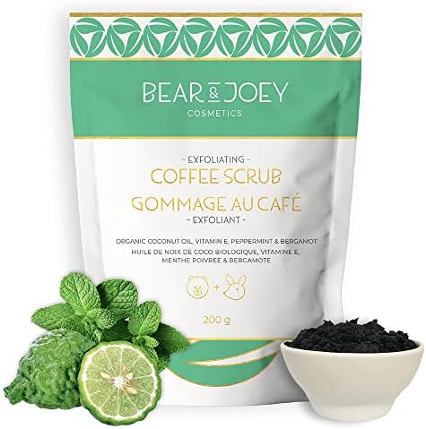 Exfoliating Coffee Scrub by Bear & Joey Cosmetics, Body Scrub Smooths Skin & Fights Appearance of Cellulite (Peppermint & Bergamot Scent)