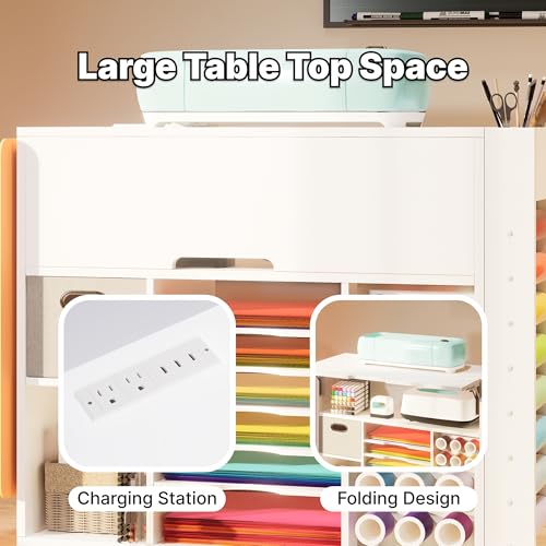 Image of Craft Organizers and Storage Cart with Extendable Desktop and Power Outlet, Compatible with Cricut Maker, Craft Table with Drawer & Vinyl Roll Holders, Craft Cabinet Workstation