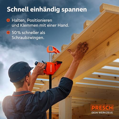 PRESCH Einhandzwingen 150mm 2 Stk. – Zwingen Set mit 75kg Spannkraft für sofortiges Fixieren – Robuste Schnellspannzwingen dank Carbonstahl & glasfaserverstärktem Gehäuse – Zwingen mit Spreizfunktion