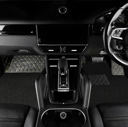 Image of NEXTA Premium Nappa Luxury Leather with Grass Mat Complete Set || 100% Waterproof and Washable||7D Cars Floor Mats for VinFast Limo Green - 7 Seater (All 3 Rows) | Color : (Black & Golden)
